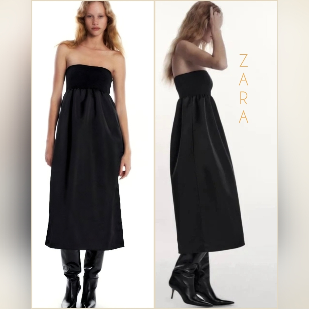 Zara Black Dress Sateen Taffeta Strapless Body Can NWT